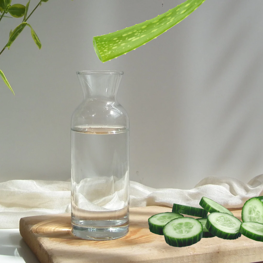 Wasserkaraffe mit Gurkenscheiben und Aloe Vera Pflanze