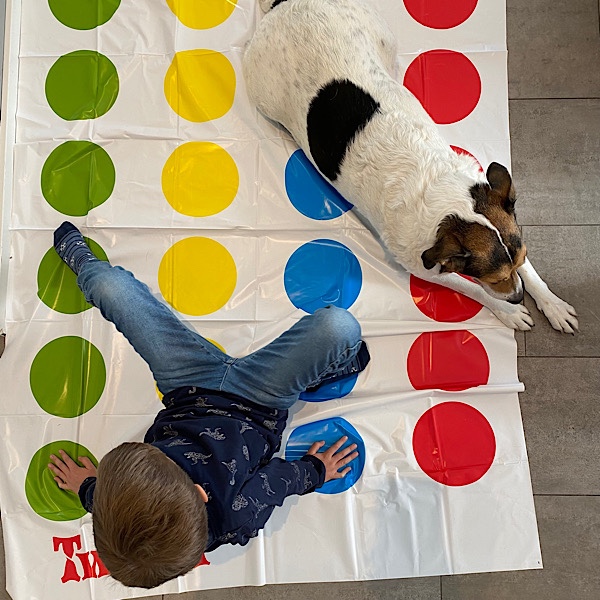 Kind und Hund spielen Twister